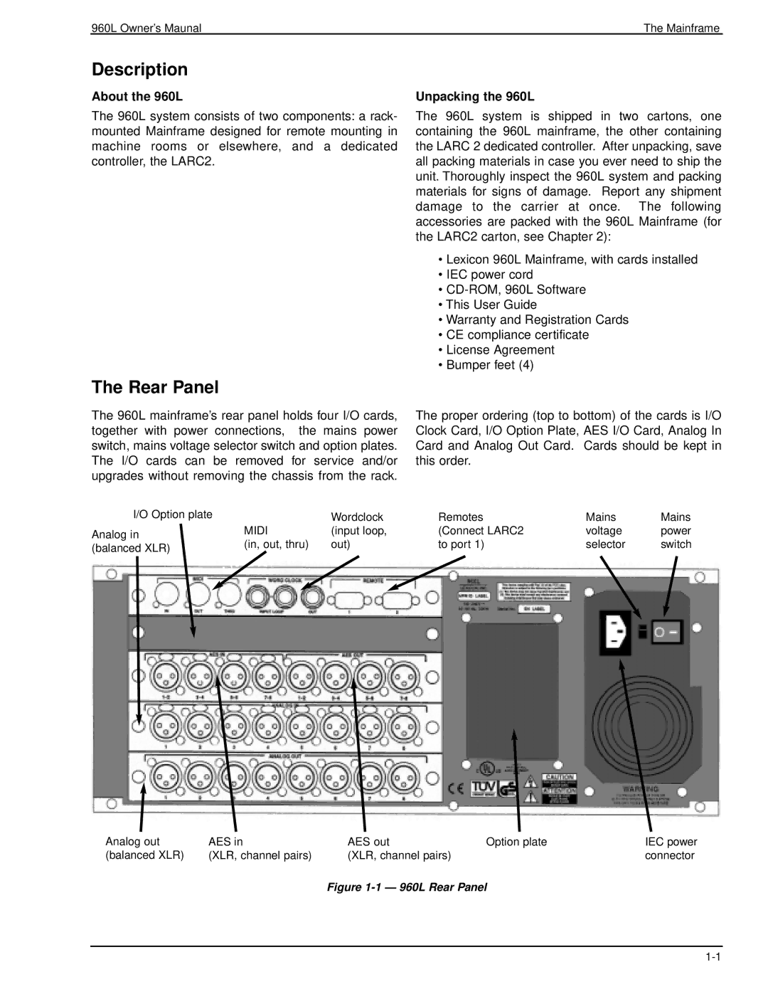 Lexicon owner manual Description, Rear Panel, About the 960L, Unpacking the 960L 