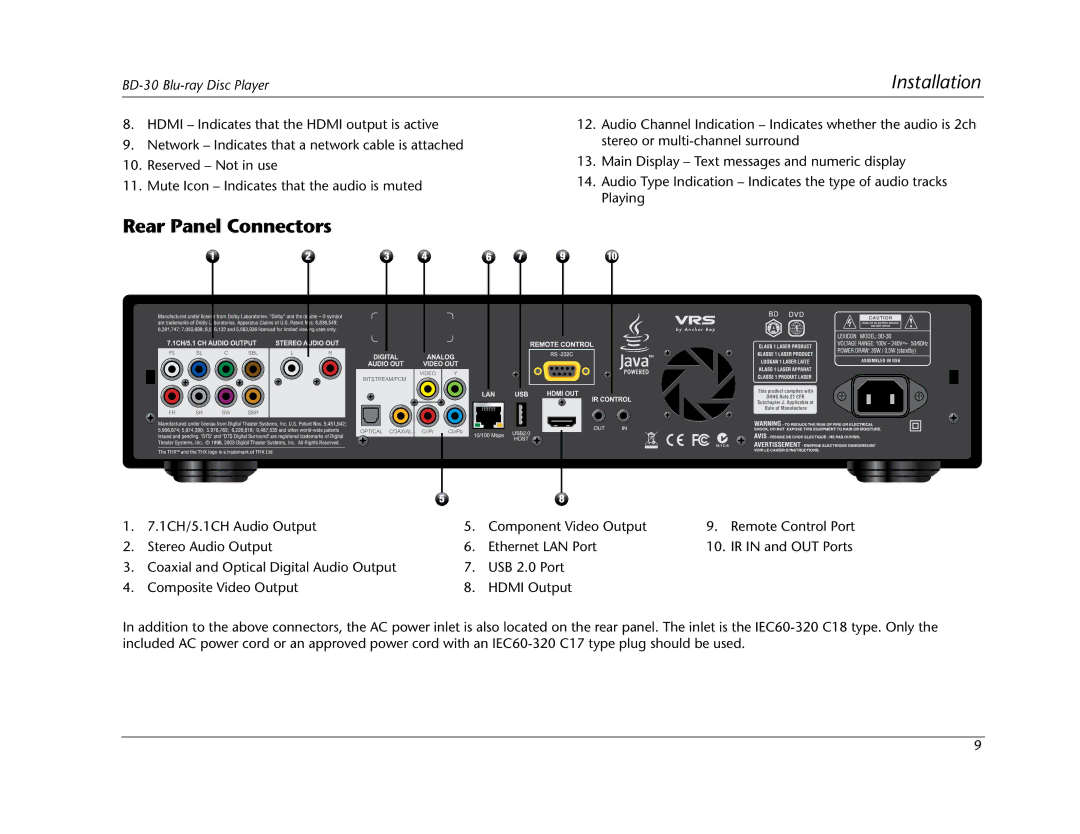 Lexicon BD-30 manual Rear Panel Connectors, Installation 