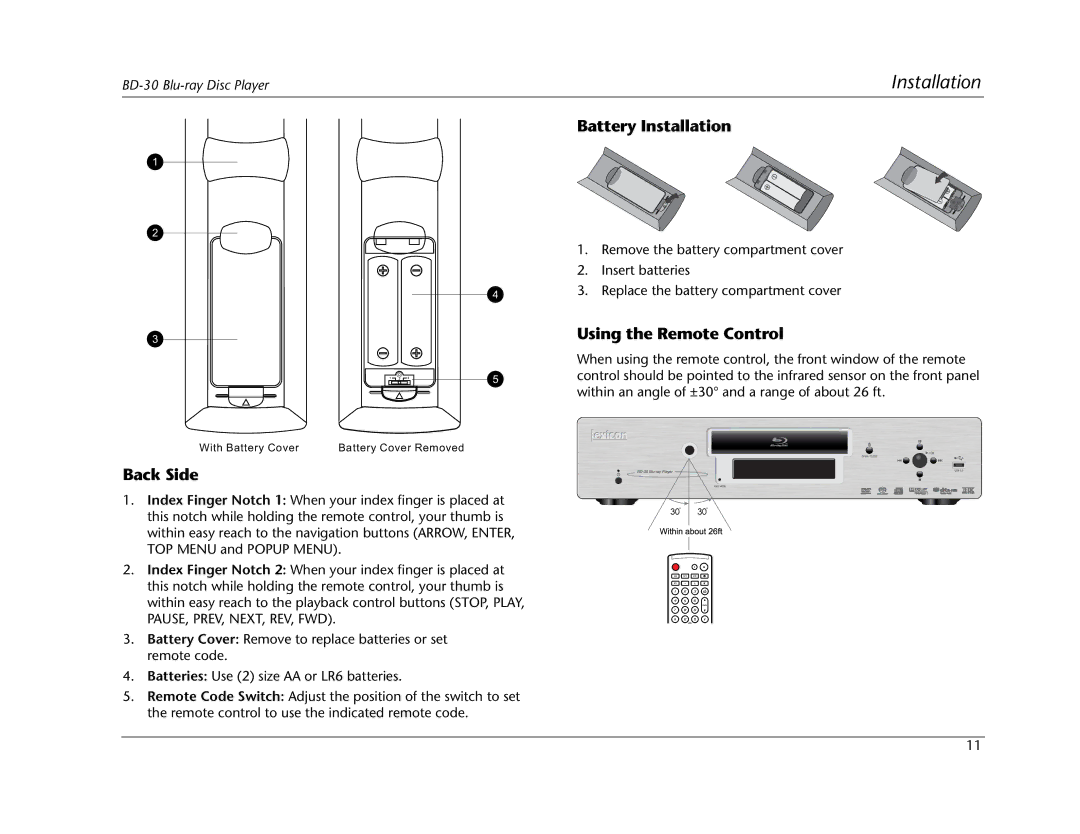 Lexicon BD-30 manual Back Side, Battery Installation, Using the Remote Control 