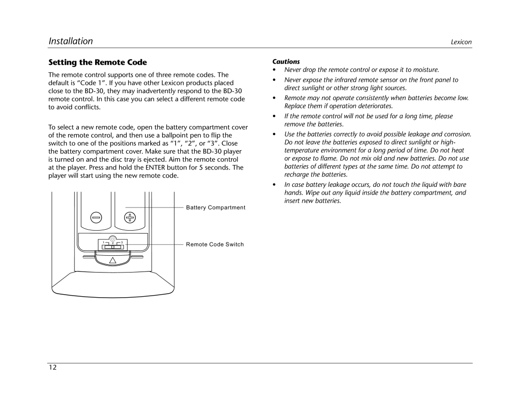 Lexicon BD-30 manual Setting the Remote Code 