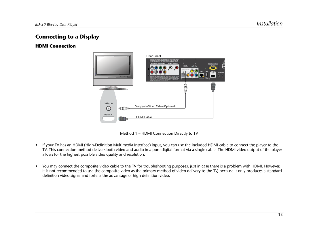 Lexicon BD-30 manual Connecting to a Display, Hdmi Connection 