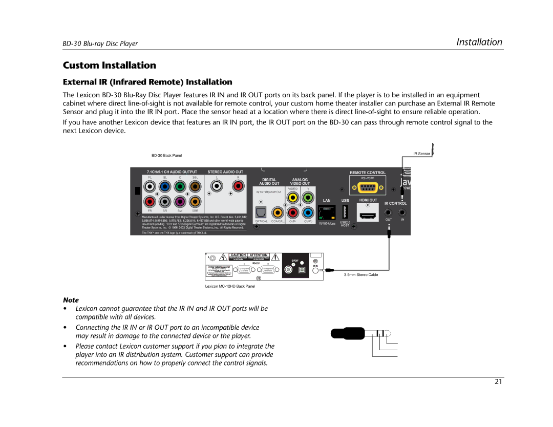 Lexicon BD-30 manual Custom Installation, External IR Infrared Remote Installation 