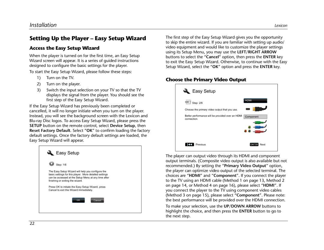 Lexicon BD-30 manual Setting Up the Player Easy Setup Wizard, Access the Easy Setup Wizard, Choose the Primary Video Output 