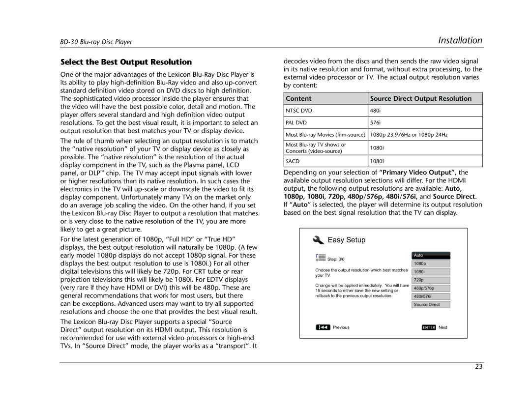 Lexicon BD-30 manual Select the Best Output Resolution, Content Source Direct Output Resolution 