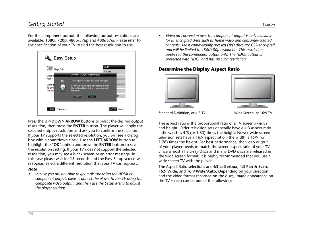 Lexicon BD-30 manual Getting Started, Determine the Display Aspect Ratio 