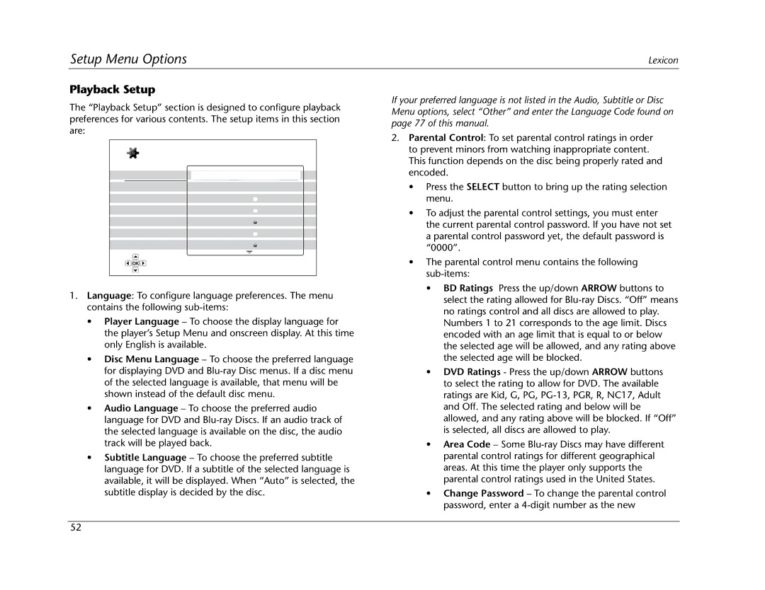 Lexicon BD-30 manual Playback Setup, Language 