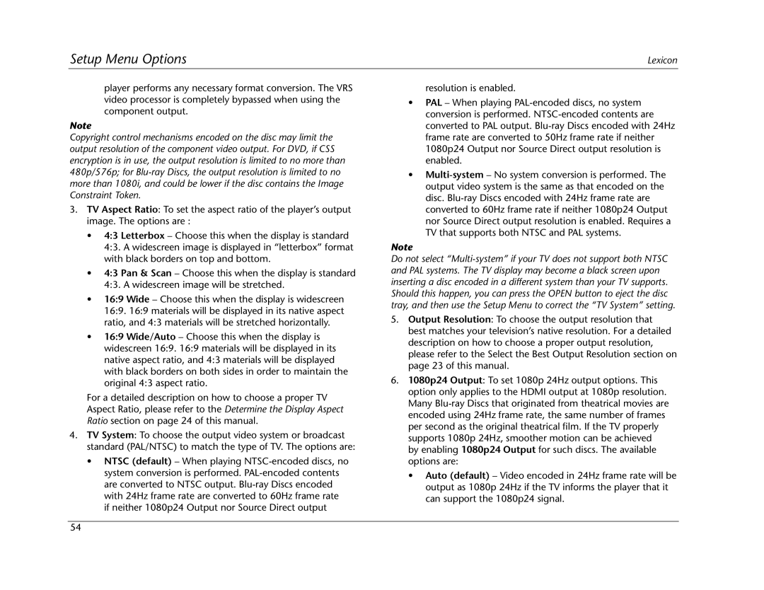 Lexicon BD-30 manual Setup Menu Options 