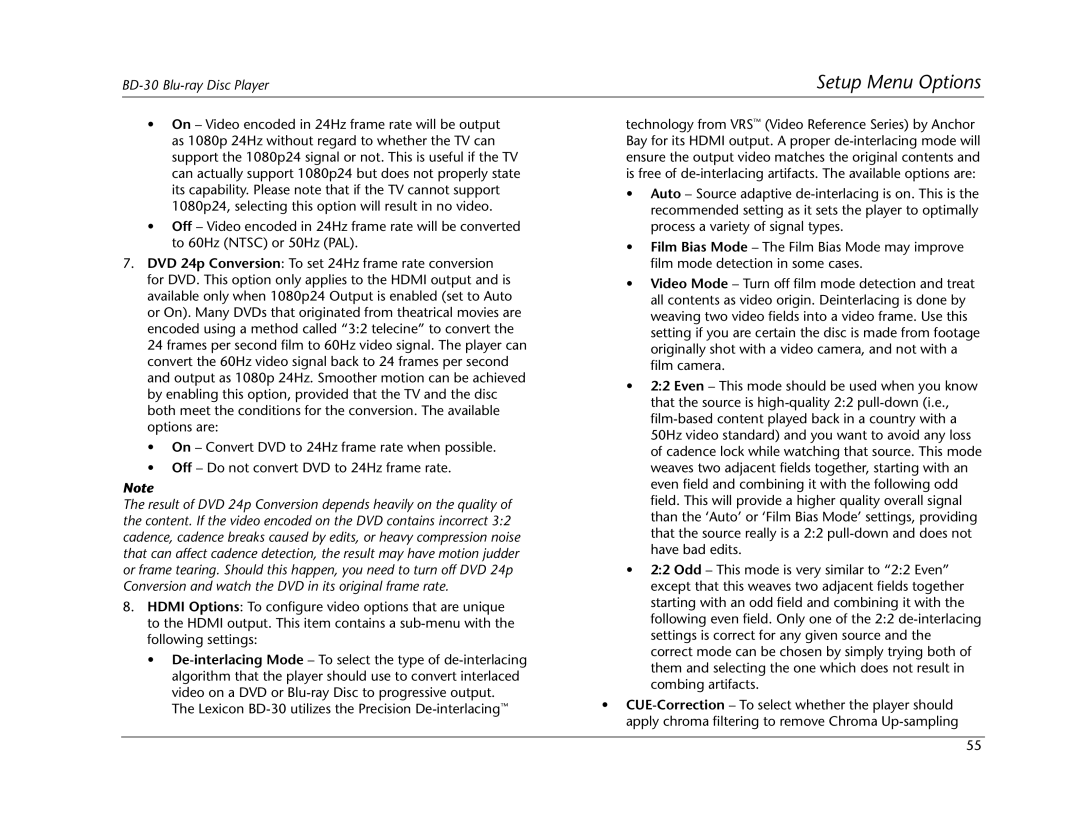 Lexicon BD-30 manual Setup Menu Options 