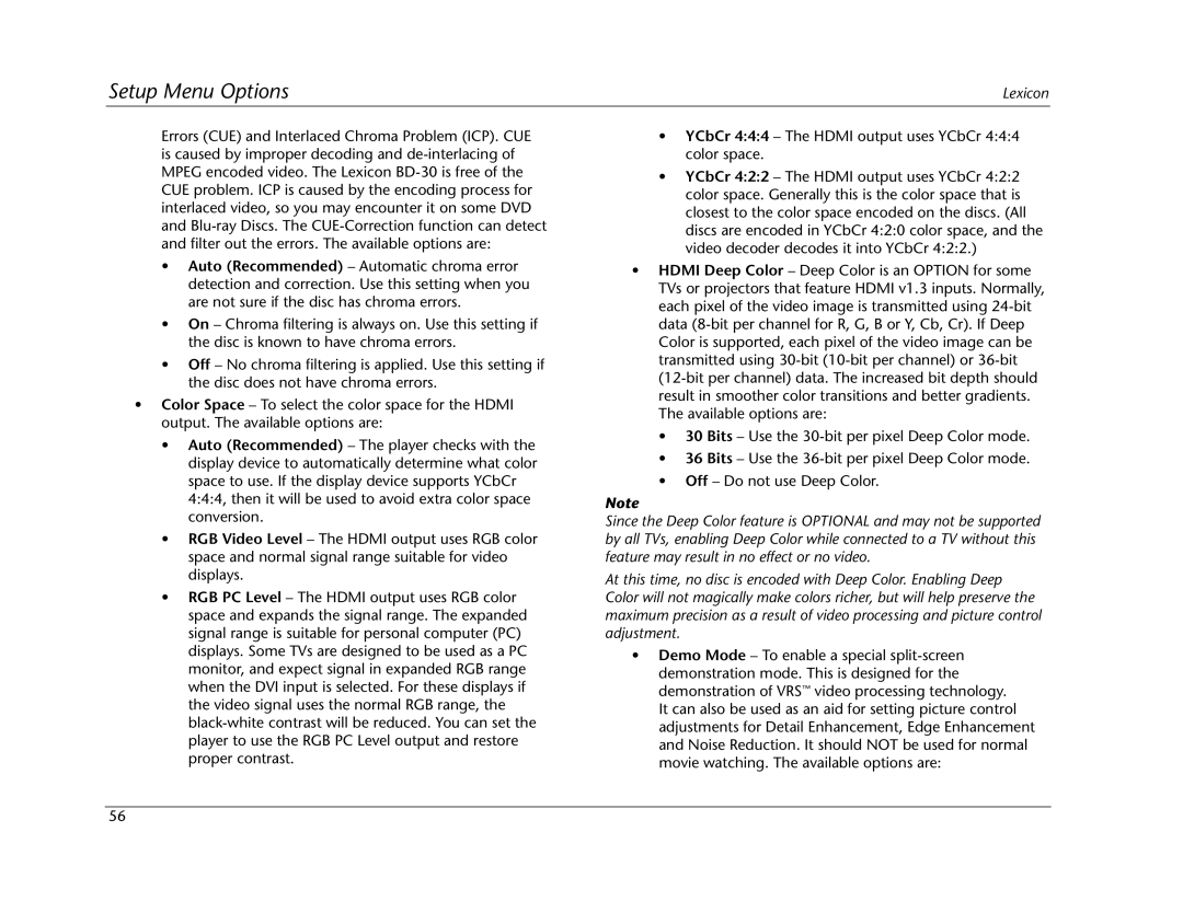 Lexicon BD-30 manual Setup Menu Options 