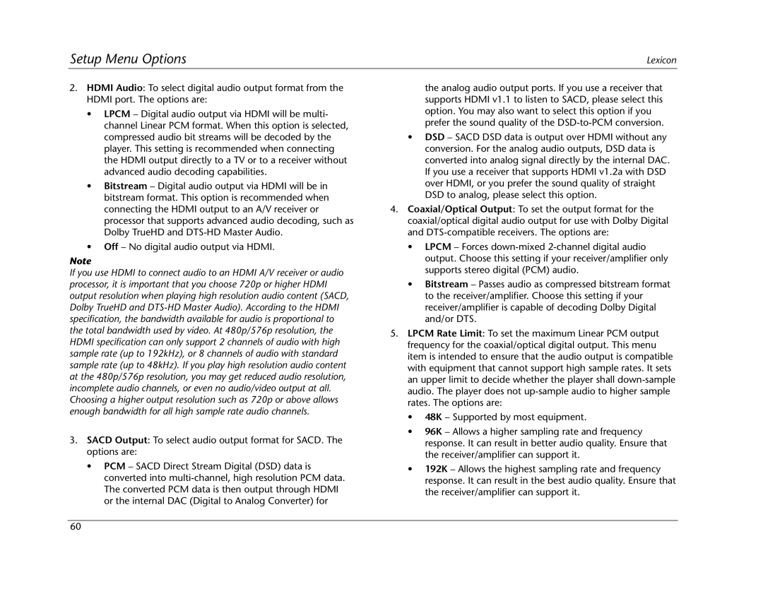 Lexicon BD-30 manual Setup Menu Options 