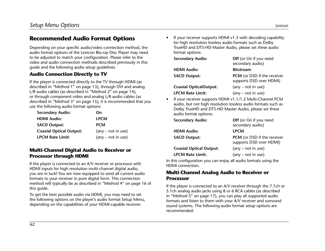 Lexicon BD-30 manual Recommended Audio Format Options, Audio Connection Directly to TV 