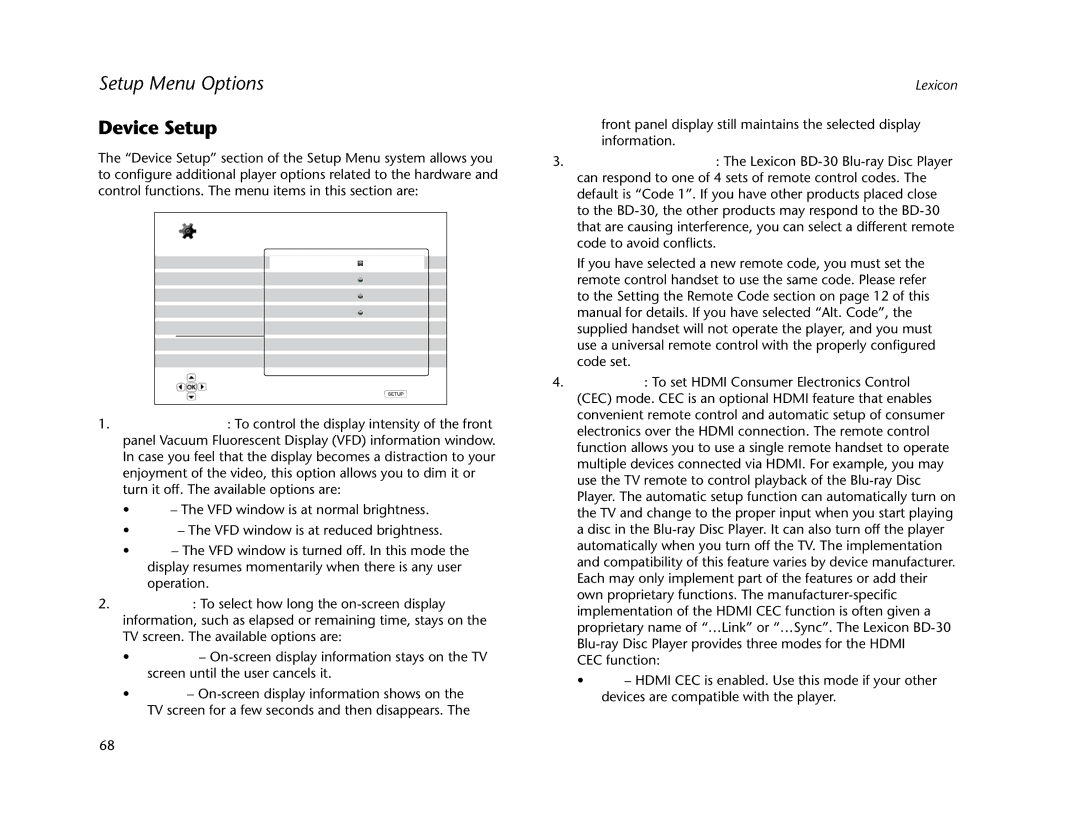 Lexicon BD-30 manual Device Setup, Hdmi CEC 