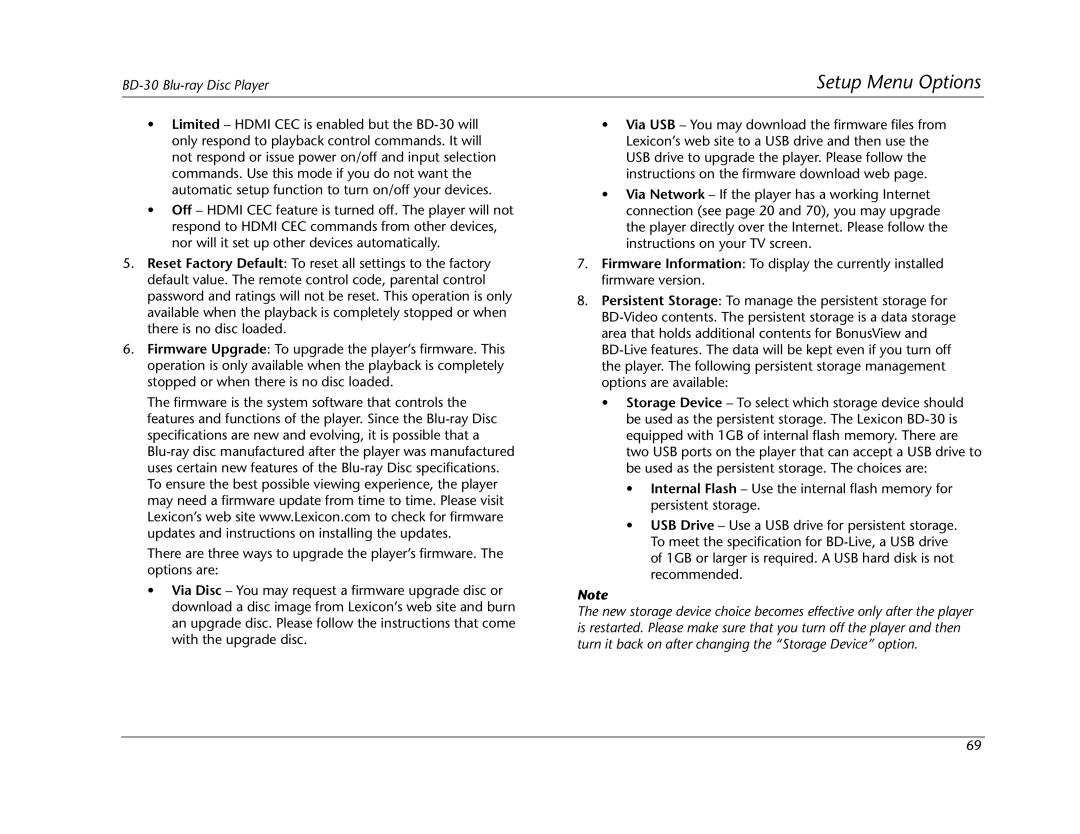 Lexicon BD-30 manual Setup Menu Options 