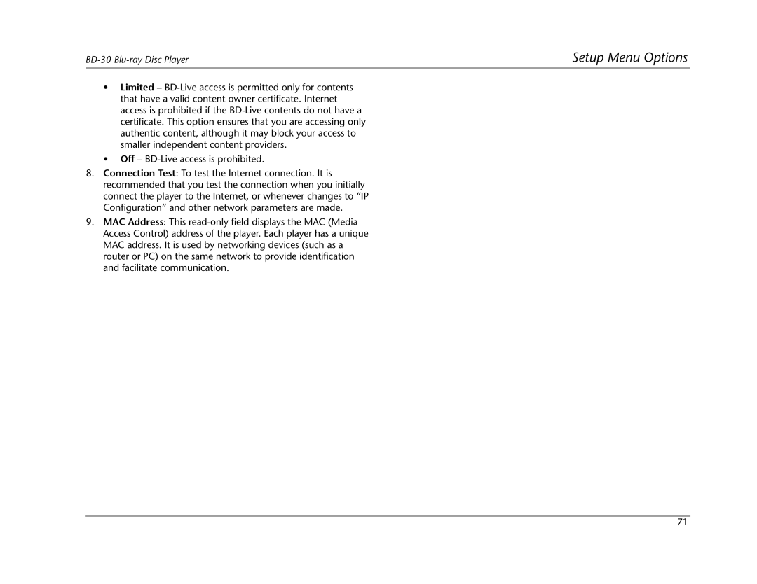 Lexicon BD-30 manual Setup Menu Options 