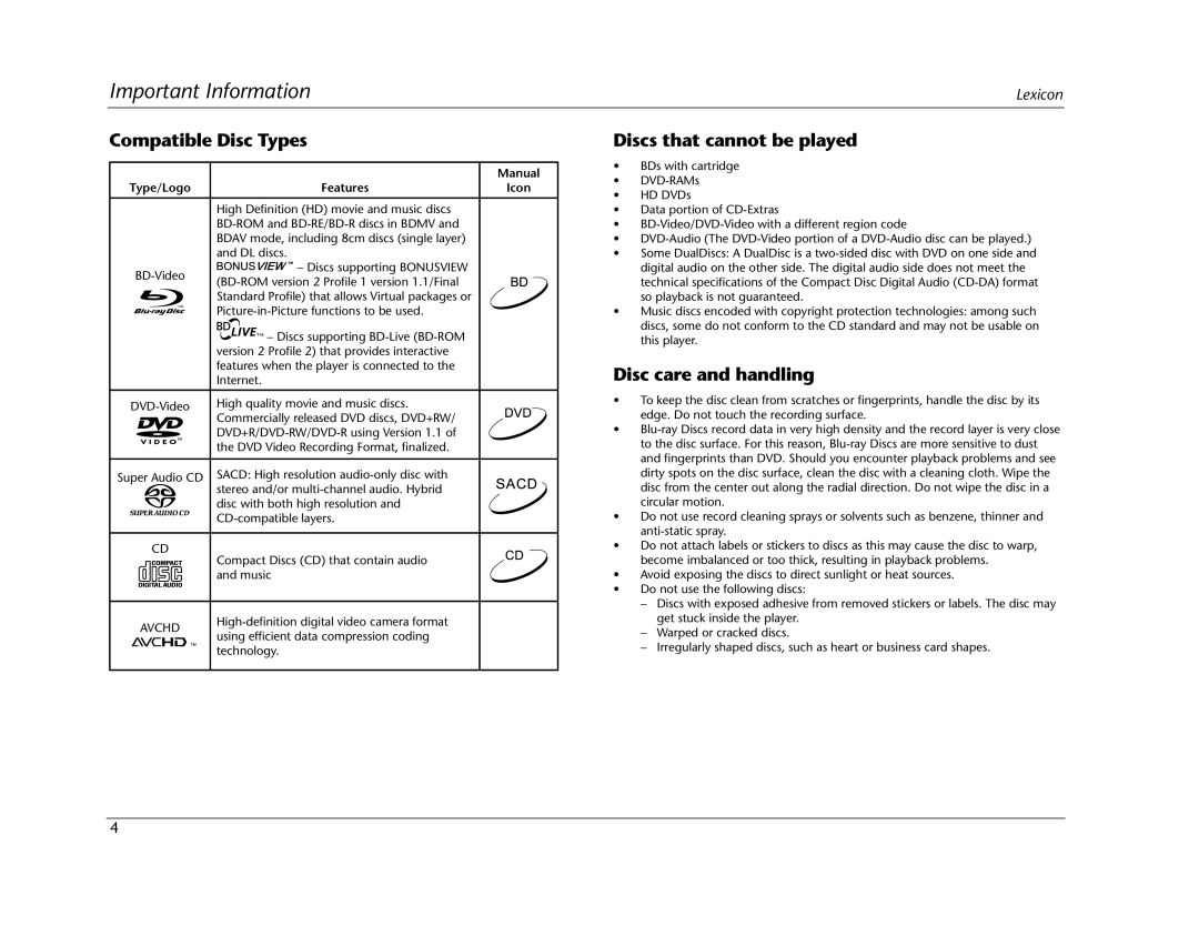 Lexicon BD-30 manual Compatible Disc Types, Discs that cannot be played, Disc care and handling 