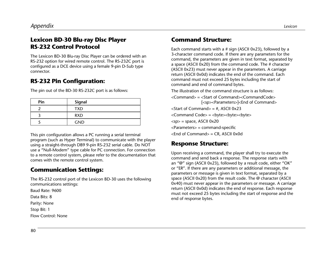 Lexicon Lexicon BD-30 Blu-ray Disc Player RS-232 Control Protocol, RS-232 Pin Configuration, Communication Settings 