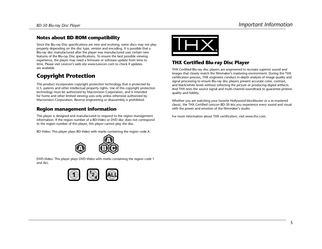 Lexicon BD-30 manual Copyright Protection, Region management information, THX Certified Blu-ray Disc Player 