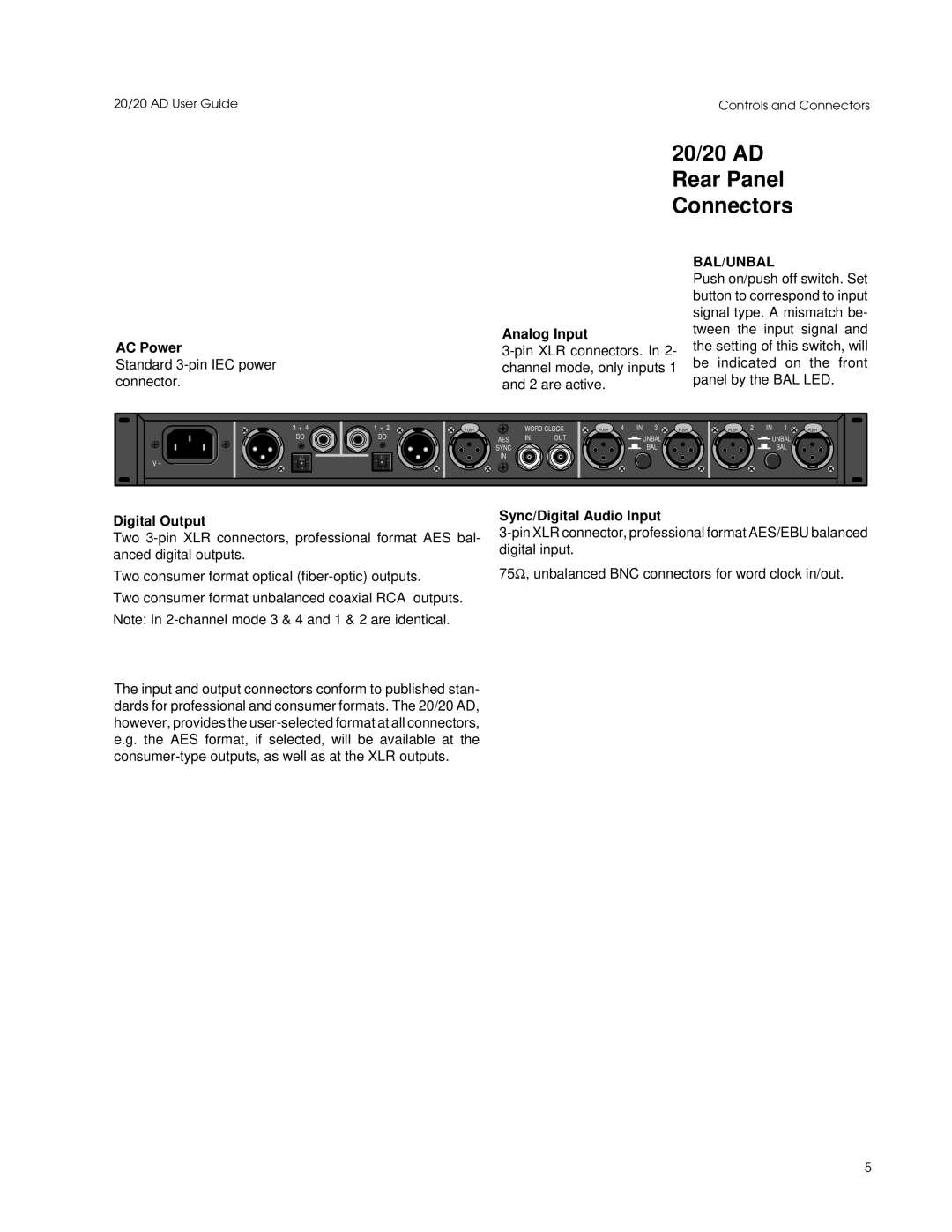 Lexicon Converter manual 20/20 AD Rear Panel Connectors, Bal/Unbal 