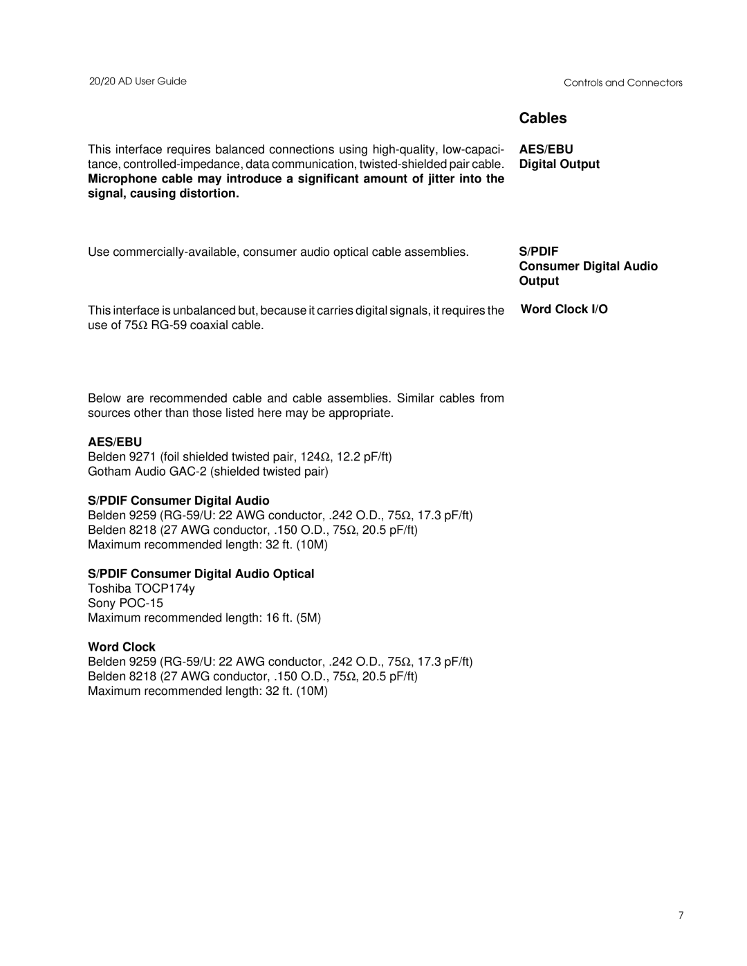 Lexicon Converter manual Cables, Aes/Ebu, Pdif 