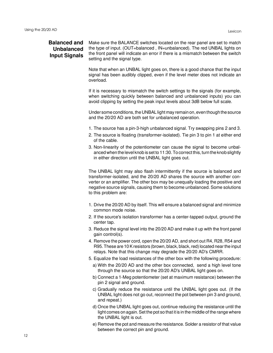 Lexicon Converter manual Balanced Unbalanced Input Signals 