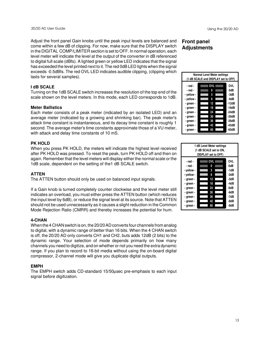 Lexicon Converter manual Front panel Adjustments, PK Hold, Atten, Chan, Emph 