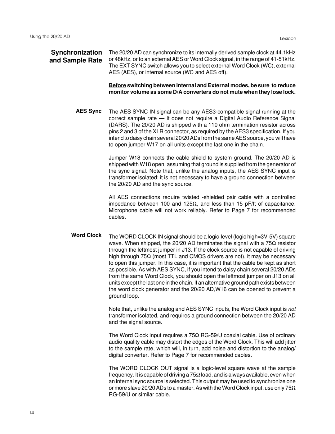 Lexicon Converter manual Synchronization and Sample Rate, AES Sync Word Clock 