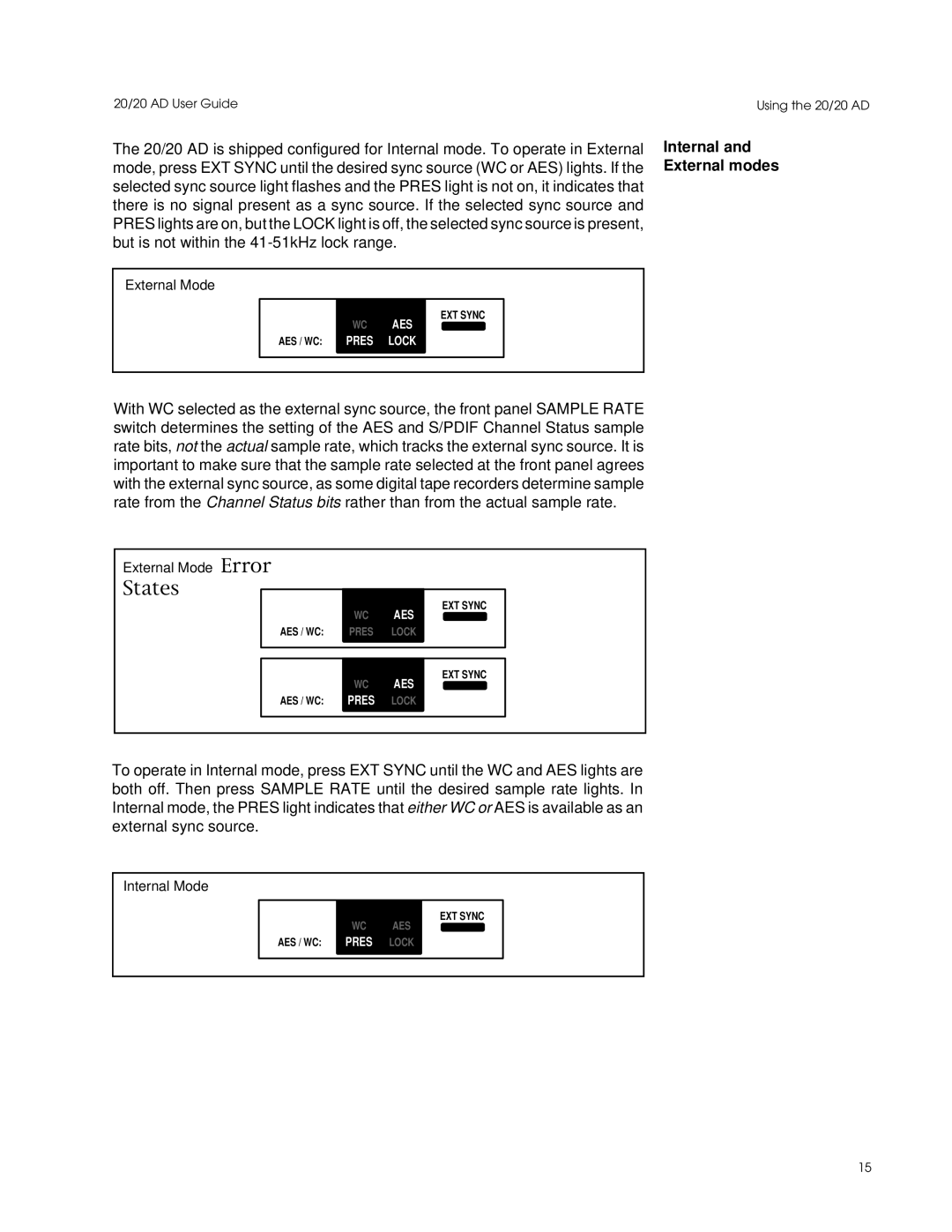 Lexicon Converter manual States, Internal and External modes 