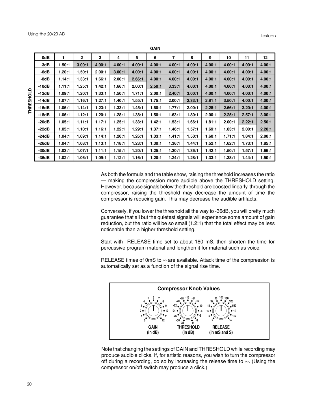 Lexicon Converter manual Compressor Knob Values, Gain Threshold Release 