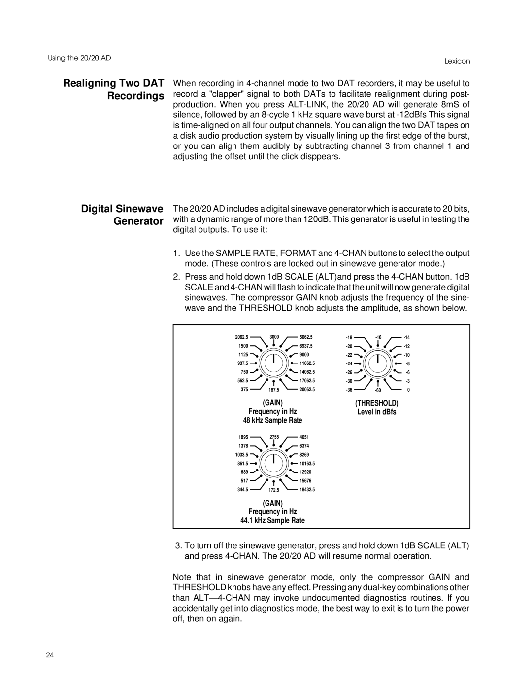 Lexicon Converter manual Realigning Two DAT Recordings, Digital Sinewave Generator, Gain 