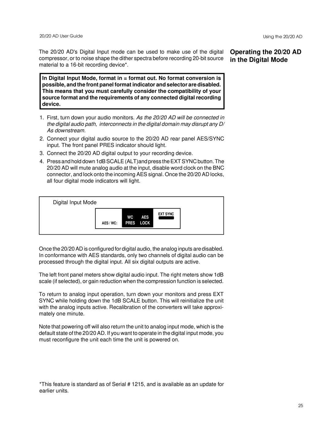 Lexicon Converter manual Operating the 20/20 AD in the Digital Mode 