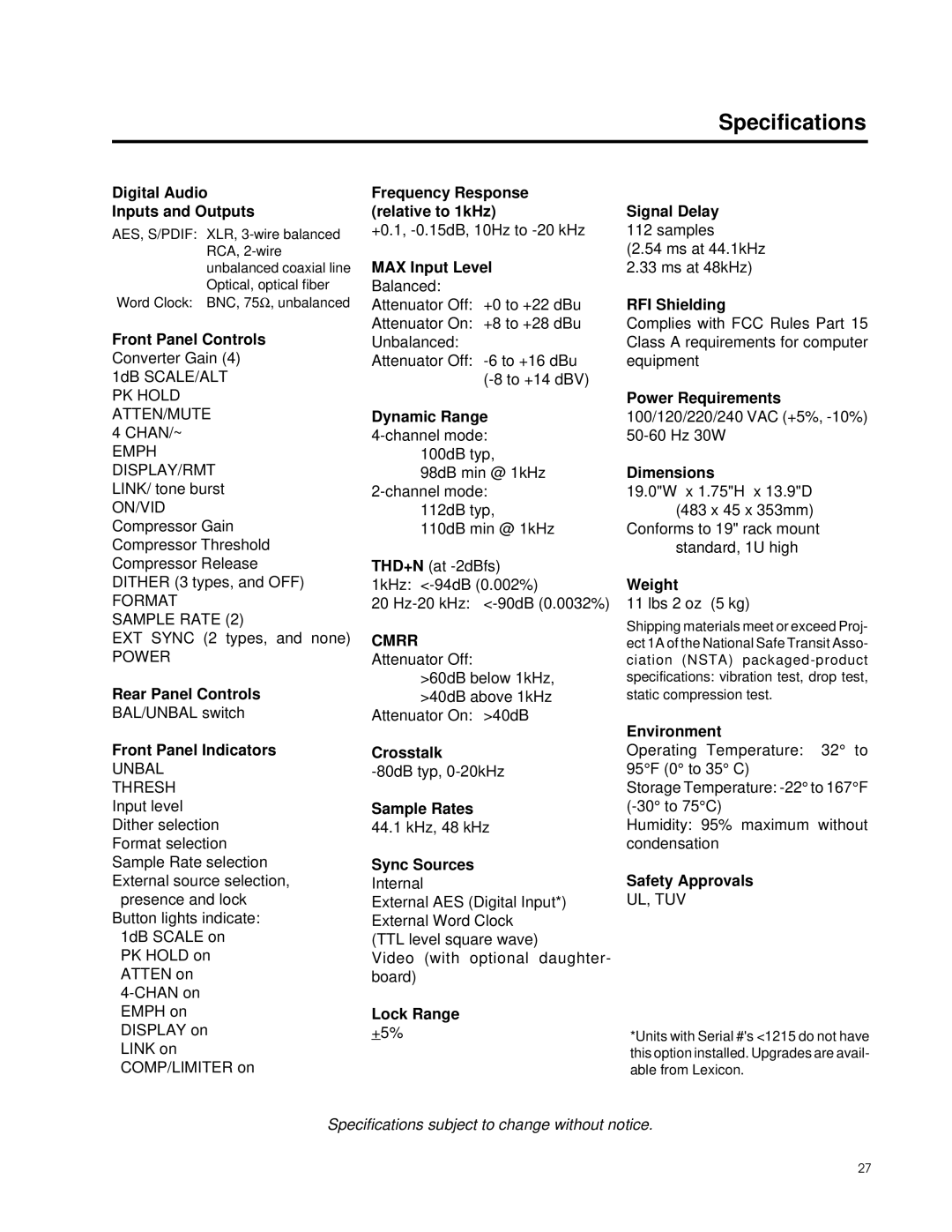 Lexicon Converter manual Specifications, Cmrr 