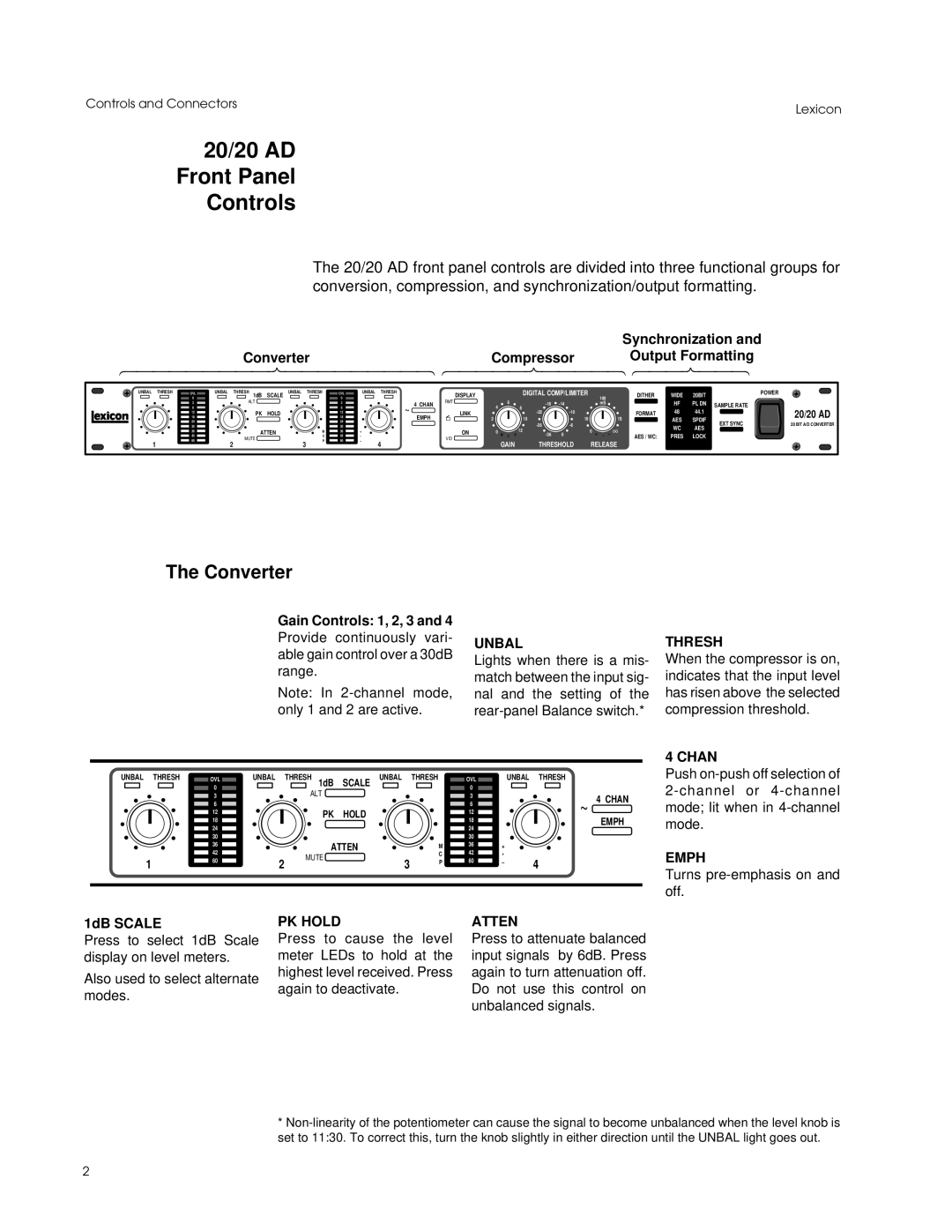 Lexicon Converter manual 20/20 AD Front Panel Controls 