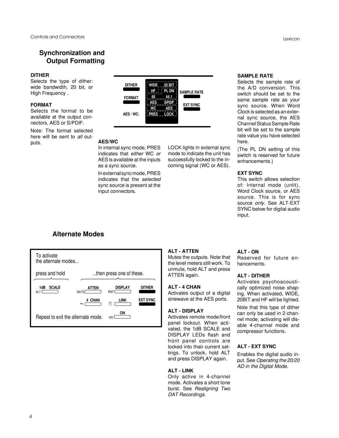 Lexicon Converter manual Synchronization Output Formatting, Alternate Modes, To activate Alternate modes 