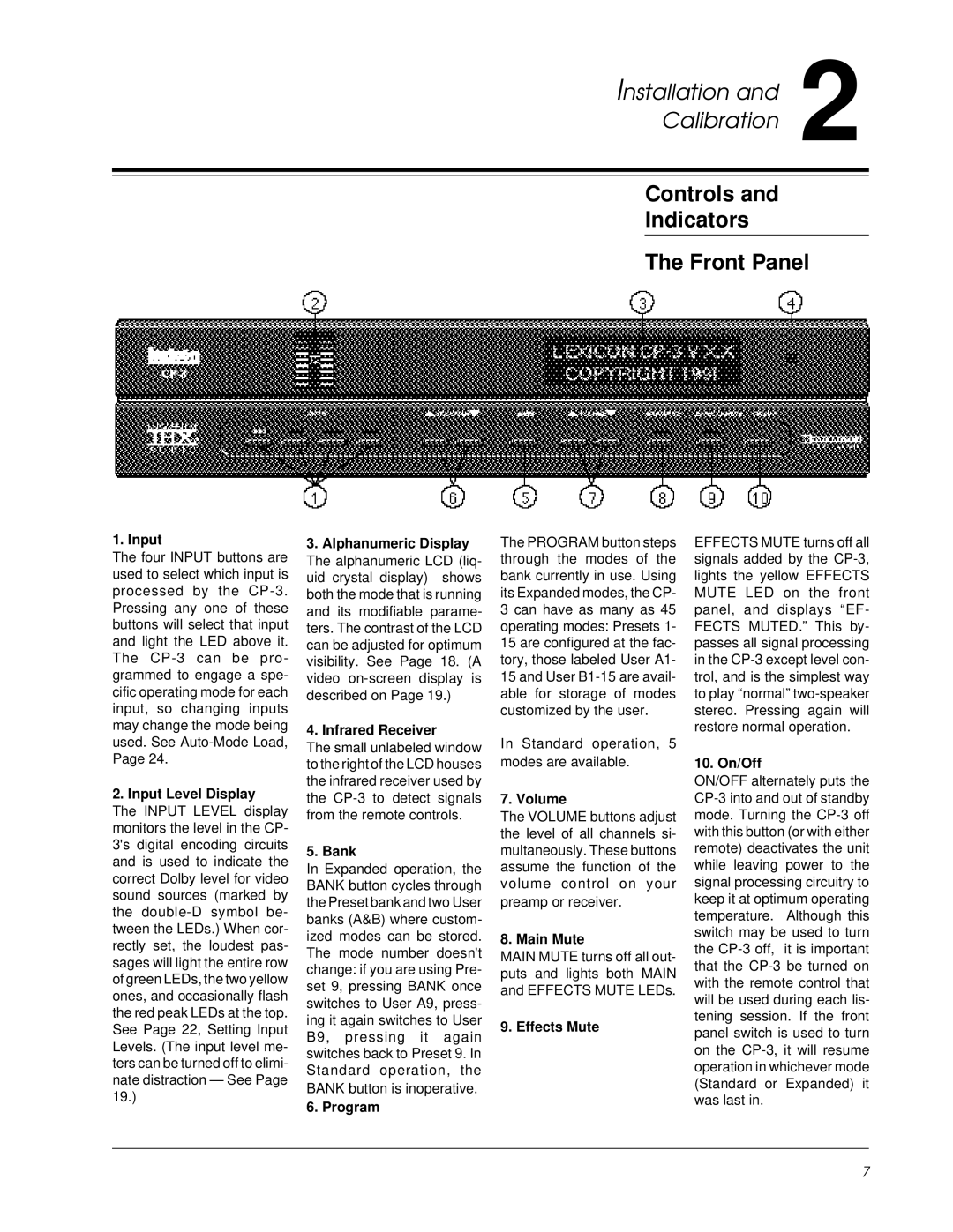 Lexicon CP-3 owner manual Controls Indicators Front Panel, Input 