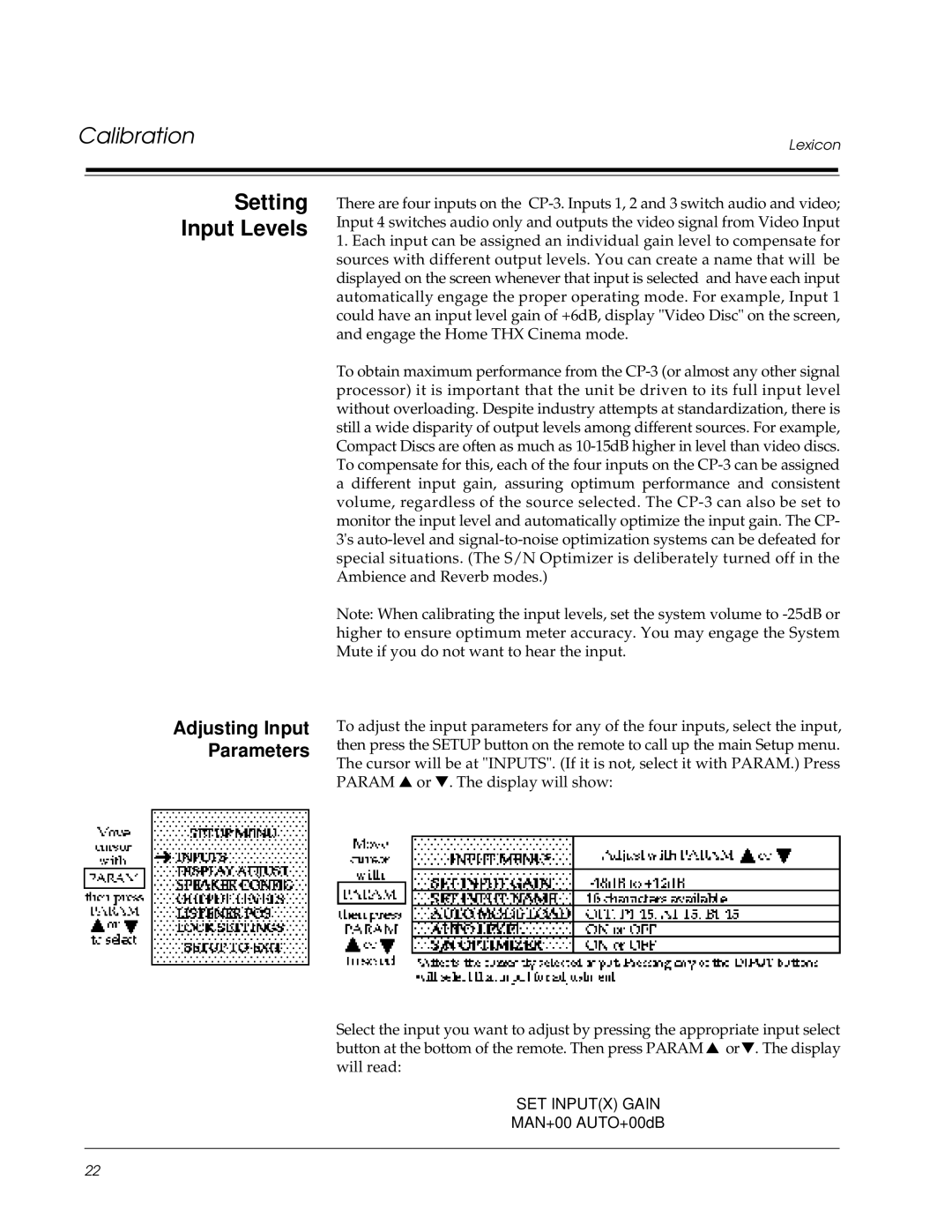 Lexicon CP-3 owner manual Setting Input Levels, Adjusting Input Parameters 