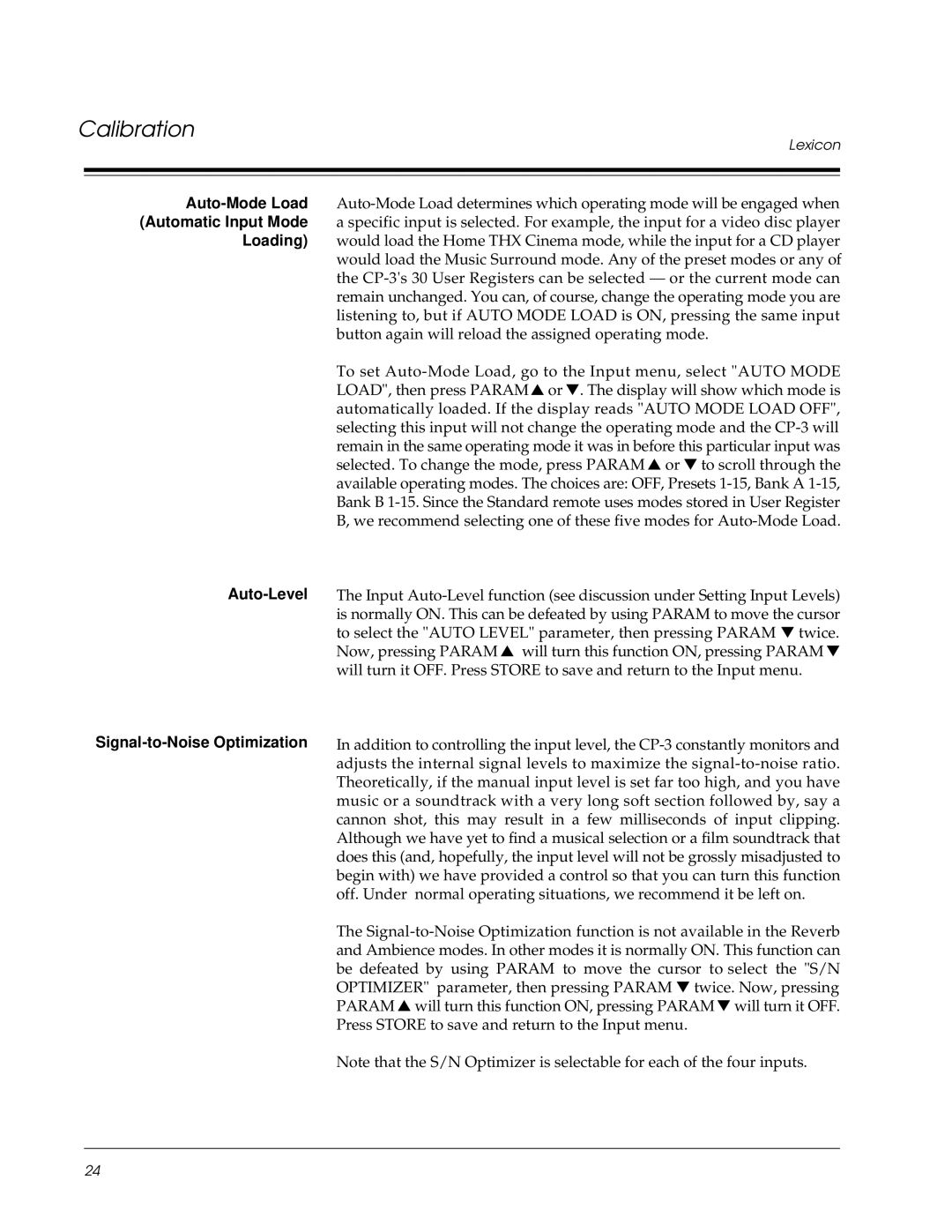 Lexicon CP-3 owner manual Auto-Mode Load, Automatic Input Mode, Loading, Auto-Level, Signal-to-Noise Optimization 