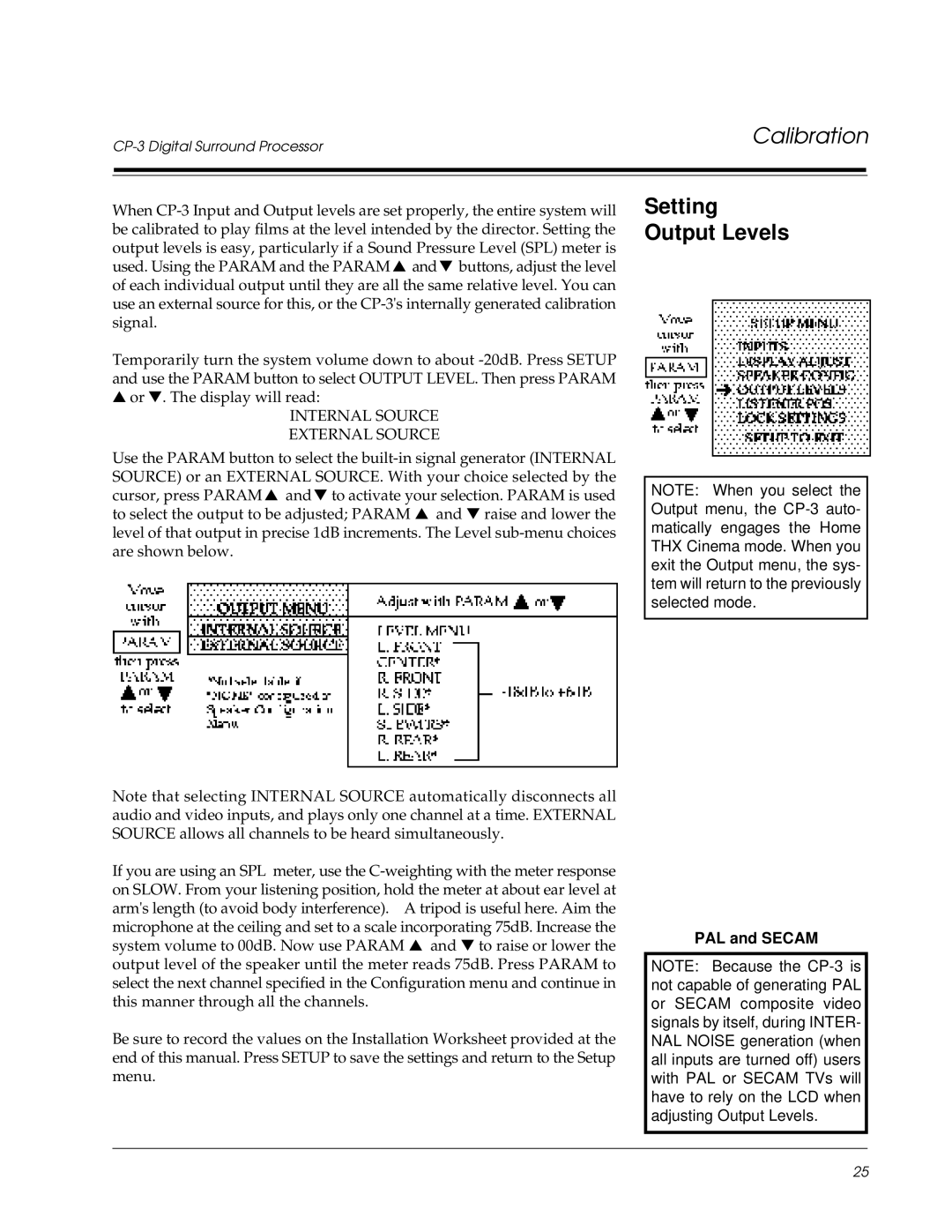 Lexicon CP-3 owner manual Setting Output Levels, PAL and Secam 