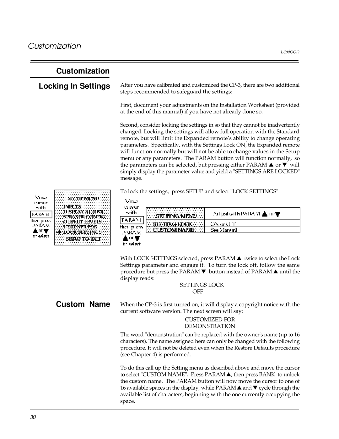 Lexicon CP-3 owner manual Customization Locking In Settings Custom Name, Settings Lock OFF 