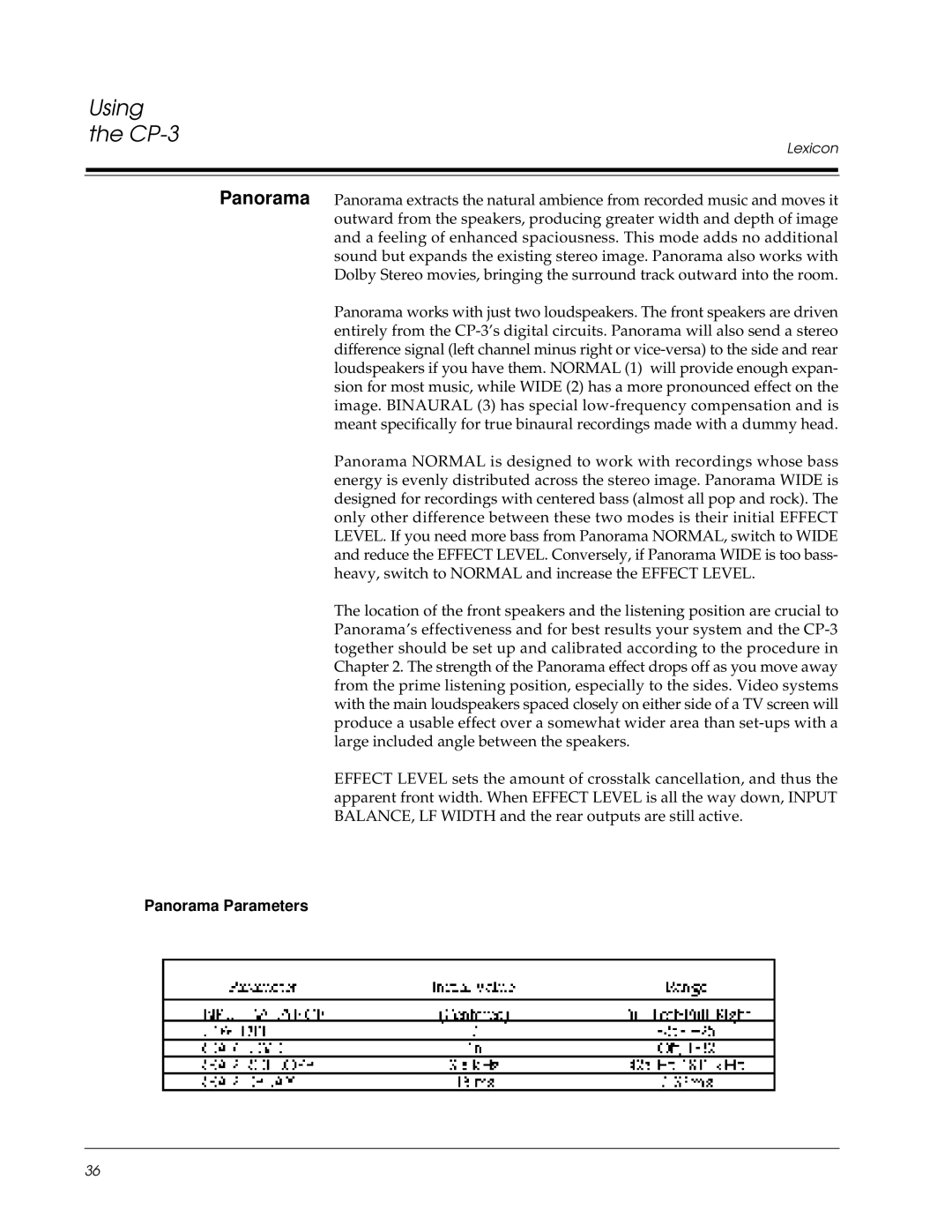 Lexicon owner manual Using CP-3, Panorama Parameters 