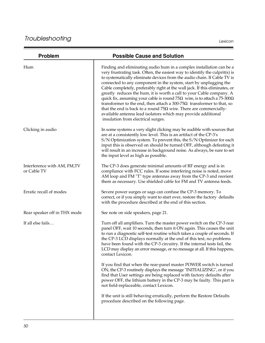 Lexicon CP-3 owner manual Problem, Possible Cause and Solution 