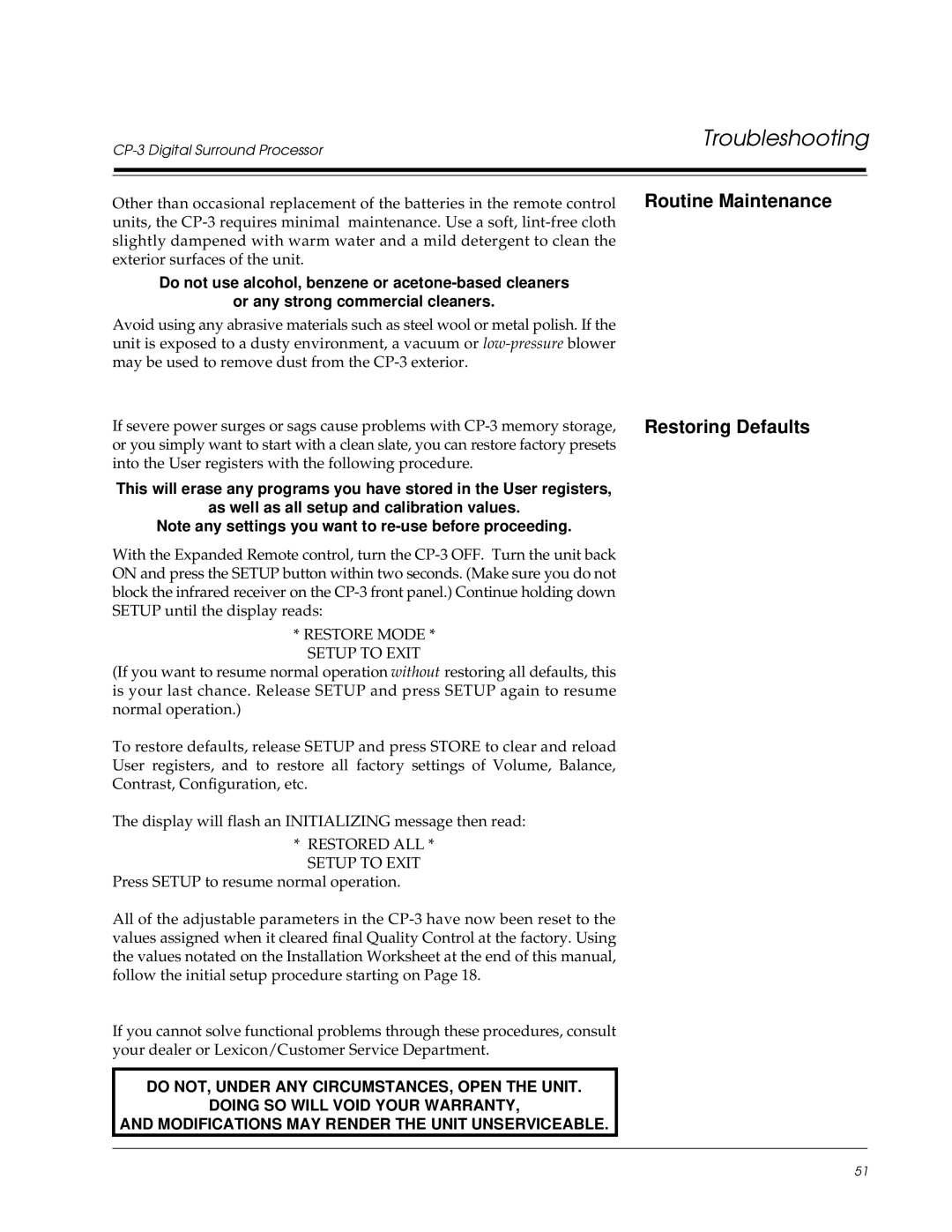 Lexicon CP-3 owner manual Routine Maintenance Restoring Defaults, Restore Mode Setup to Exit 