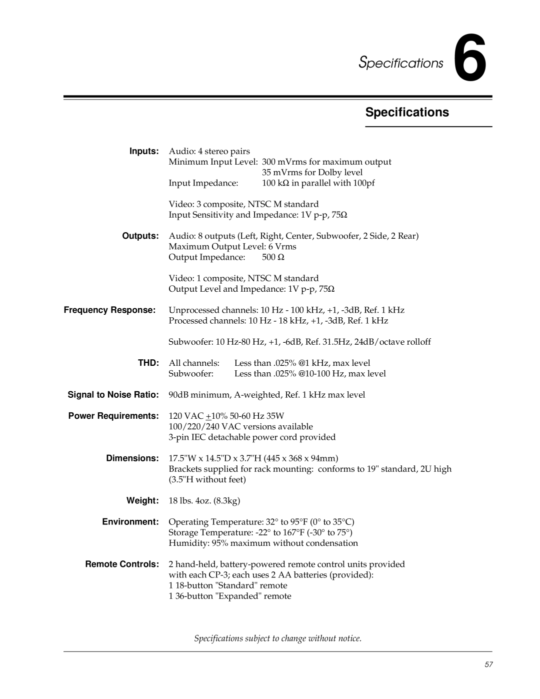 Lexicon CP-3 owner manual Specifications 