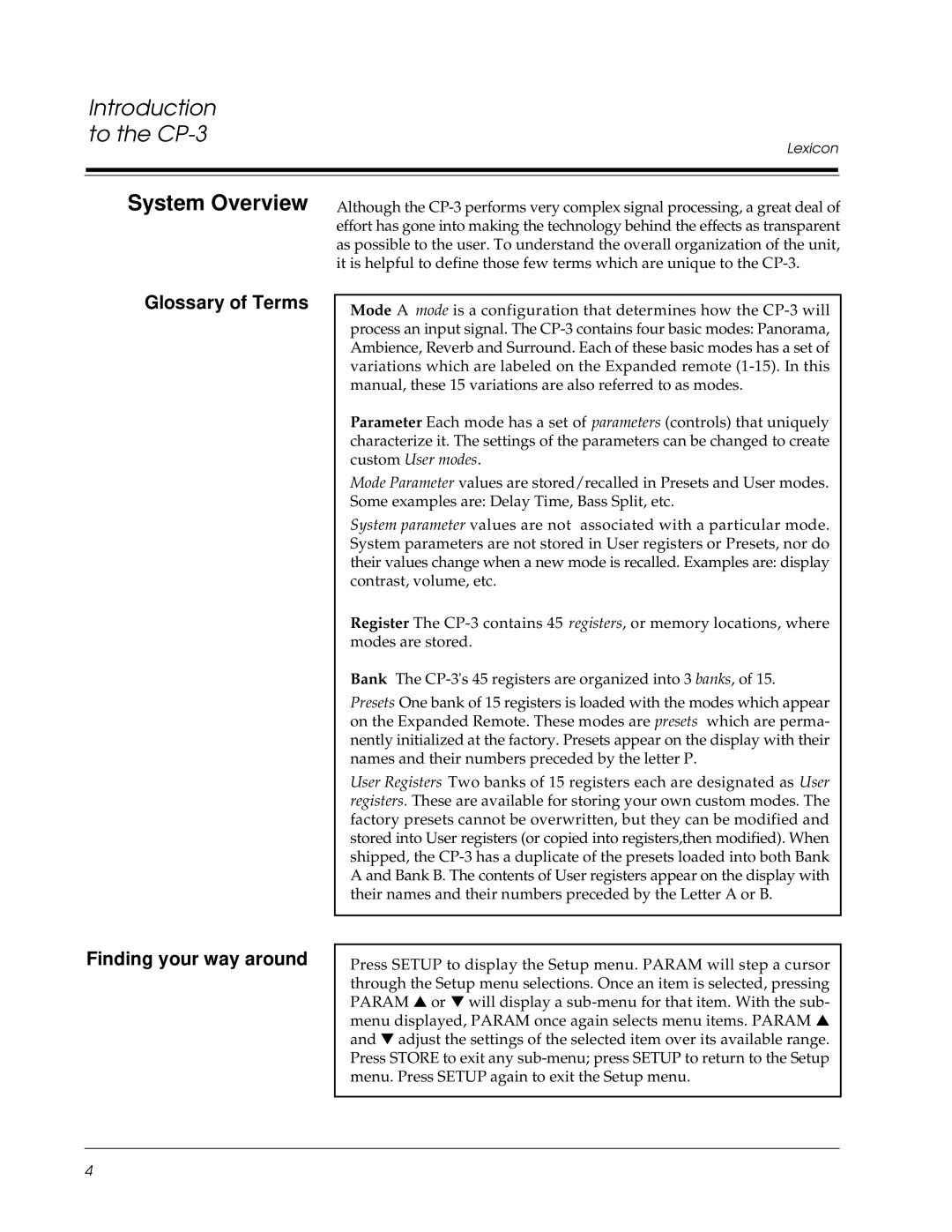 Lexicon CP-3 owner manual System Overview, Glossary of Terms Finding your way around 