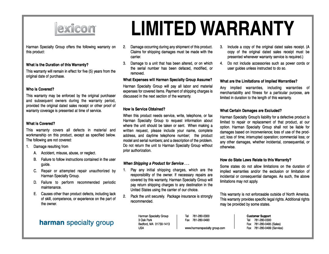 Lexicon CX-5, CX-7 manual Limited Warranty, What is the Duration of this Warranty?, Who is Covered?, What is Covered? 