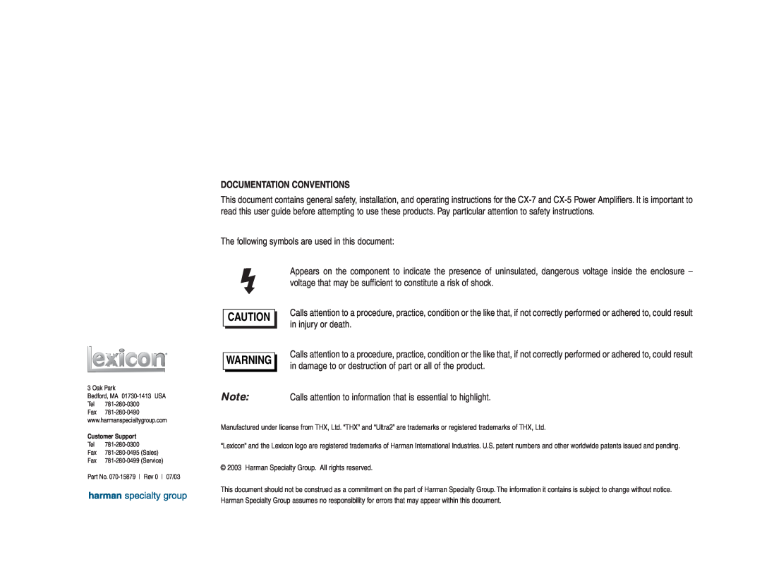 Lexicon CX-7, CX-5 manual Documentation Conventions 