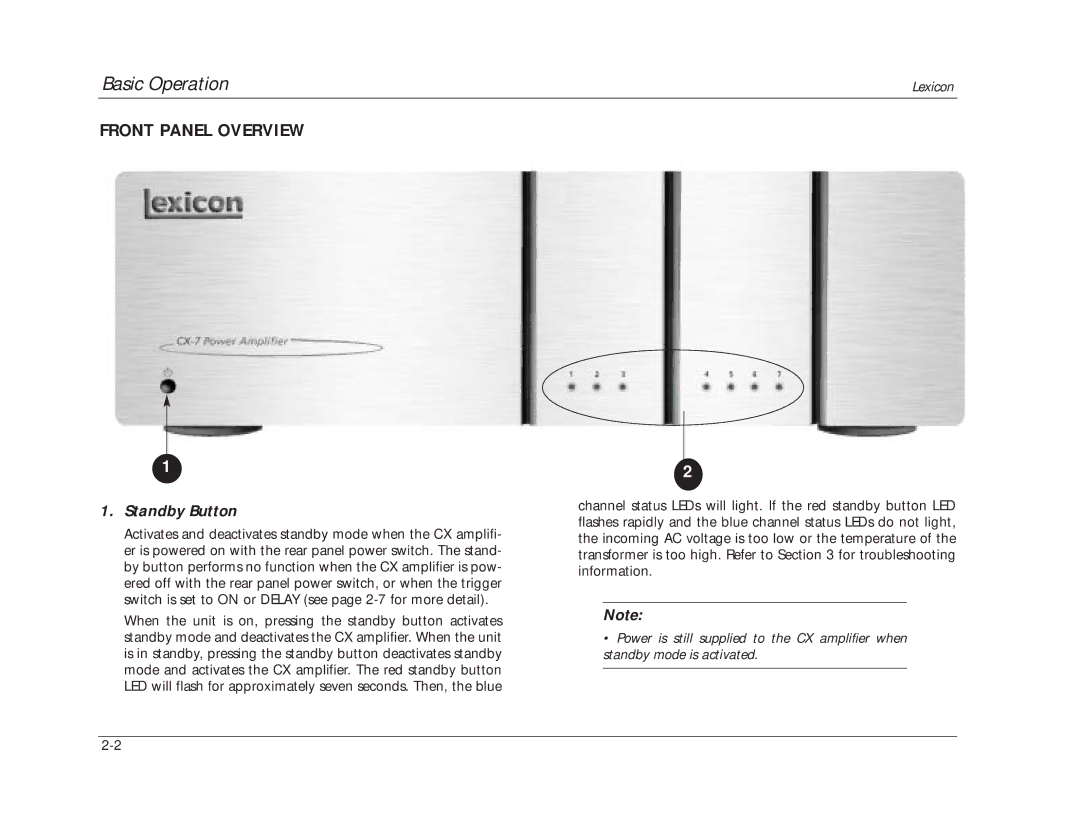 Lexicon CX manual Basic Operation, Front Panel Overview, Standby Button 