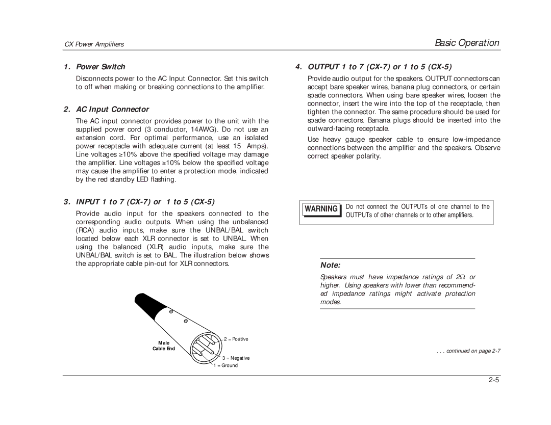 Lexicon manual Power Switch, AC Input Connector, Input 1 to 7 CX-7 or 1 to 5 CX-5, Output 1 to 7 CX-7 or 1 to 5 CX-5 