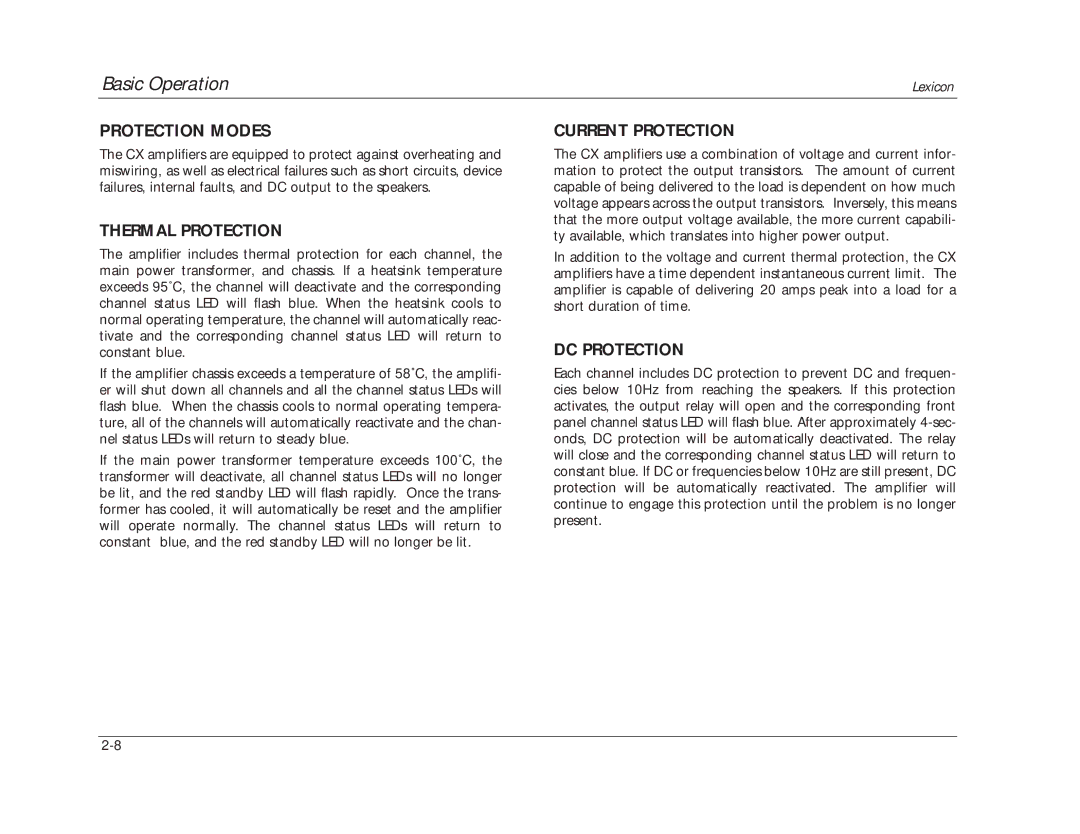 Lexicon CX manual Protection Modes, Thermal Protection, Current Protection, DC Protection 