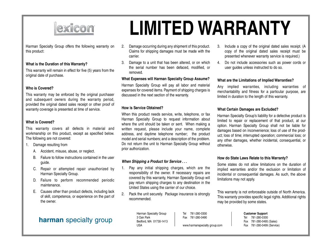 Lexicon CX manual Limited Warranty 