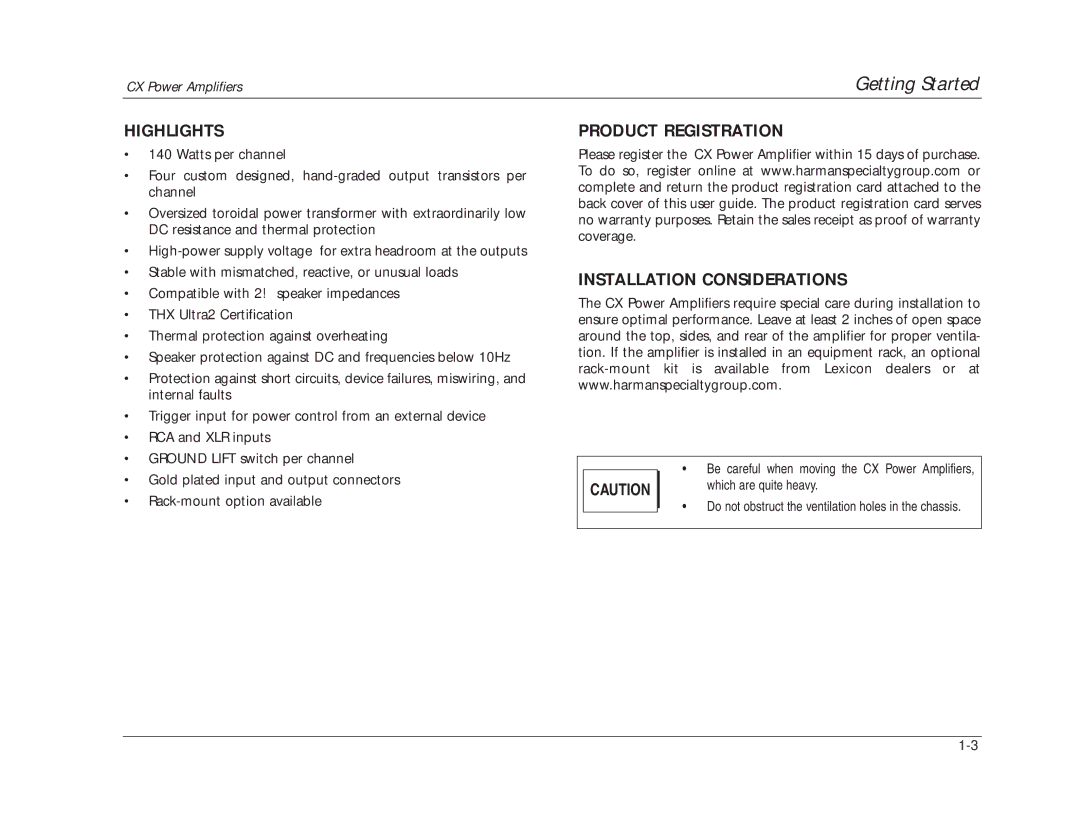 Lexicon CX manual Highlights, Installation Considerations 